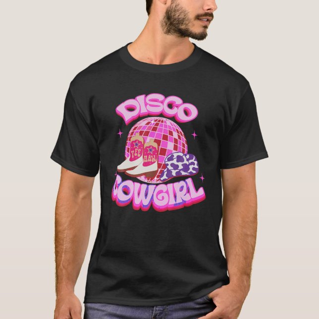 Western Cowgirl Yeehaw Pink Disco Ball Cowboy Boot T-Shirt (Front)