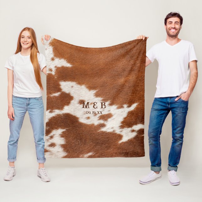 Western Cowhide Texture Wedding Couple Initials  Fleece Blanket (In Situ)
