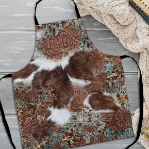 Western Cowhide Turquoise Brown Leather Name Apron
