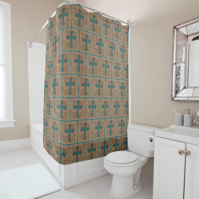 Western Cross Faux Leather Print Shower Curtain (In Situ)