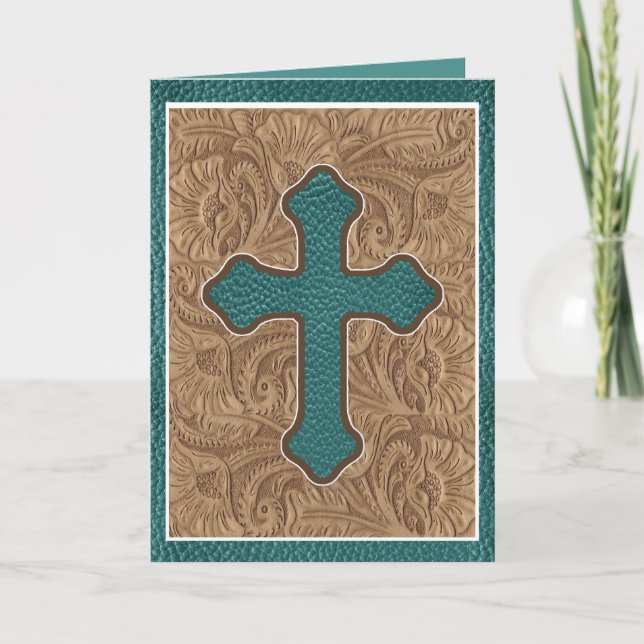 Western Cross Leather Print Tan Teal Holiday Card (Front)