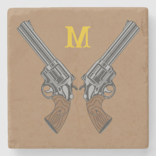 Western Crossed Guns With Monogram Stone Coaster