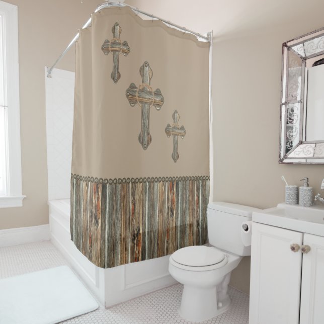 Western Crosses Barn Wood And Conchos Shower Curtain (In Situ)