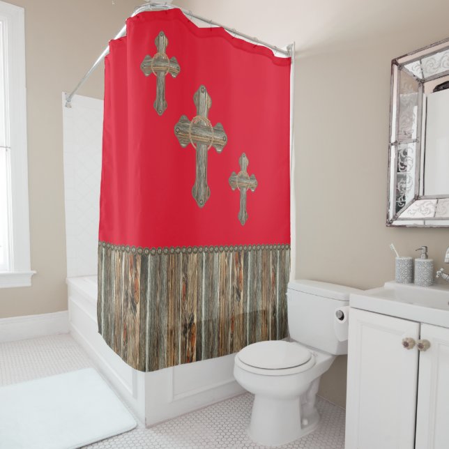 Western Crosses Barn Wood And Conchos Shower Curtain (In Situ)