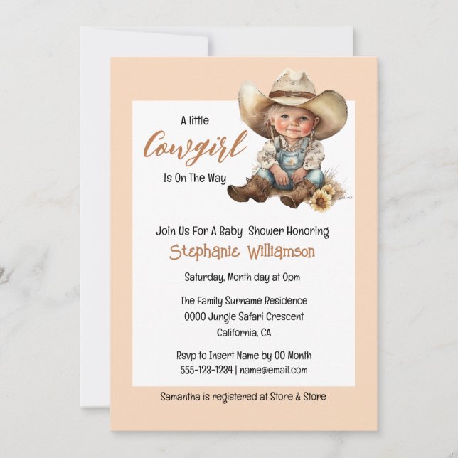 Western cute cowgirl pink brown baby shower invitation (Front)
