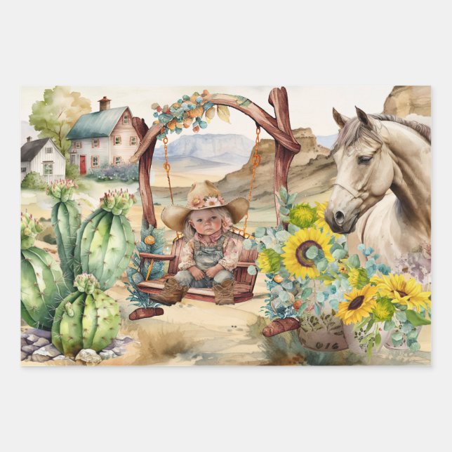 Western decoupage - cute cowgirl on country swing wrapping paper sheet (Front)
