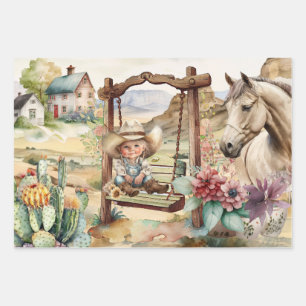 Western decoupage - little cowgirl on swing horse wrapping paper sheet