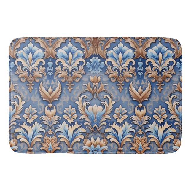 Western Denim and Leather Floral Damask Pattern  Bath Mat (Front)