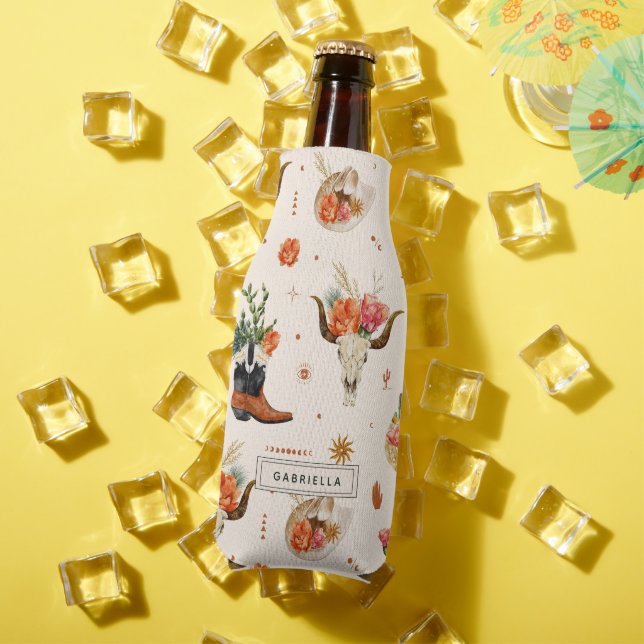 Western Desert Cactus Cowboy Hat Personalised Name Bottle Cooler (In Situ Summer)