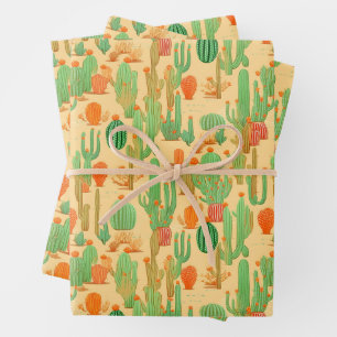 Western Desert Cactus Floral Bloom Pattern Wrapping Paper Sheet