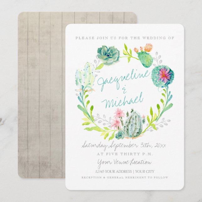Western Desert Cactus Flower Wood Watercolor Art Invitation (Front/Back)