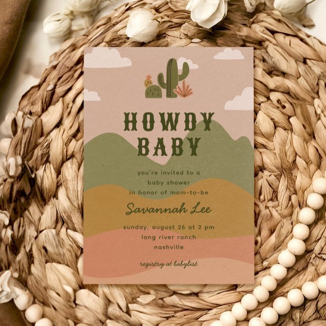 Western Desert Cactus Howdy Baby Shower Invitation (Desert-themed baby shower invitation with cute cacti illustrations)