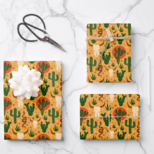 Western Desert Skulls Cactus Snakes Rustic Pattern Wrapping Paper Sheet
