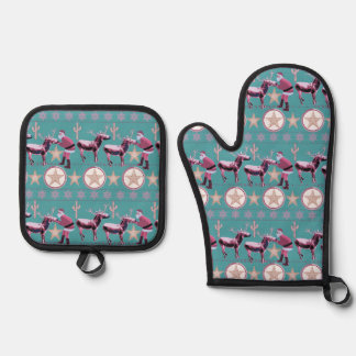 Western Donkey Christmas Gingerbread Texas Star Oven Mitt & Pot Holder Set