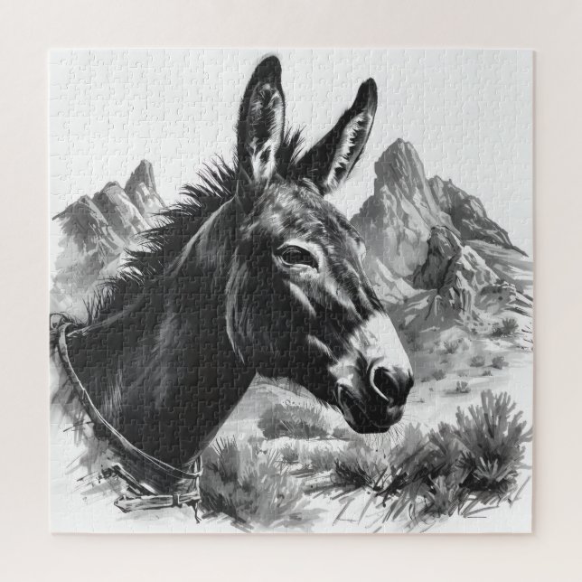 Western Donkey Vintage Black & White Puzzle (Vertical)