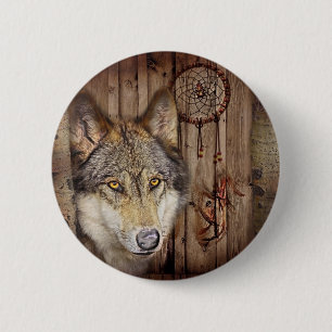 Western dream catcher  native american indian wolf 6 cm round badge