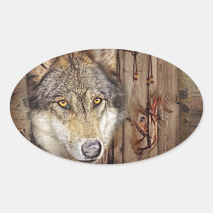 Western dream catcher  native american indian wolf oval sticker