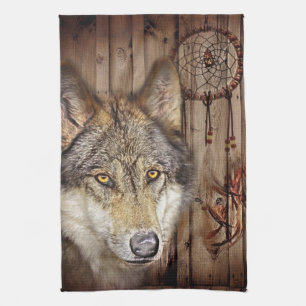 Western dream catcher  native american indian wolf tea towel