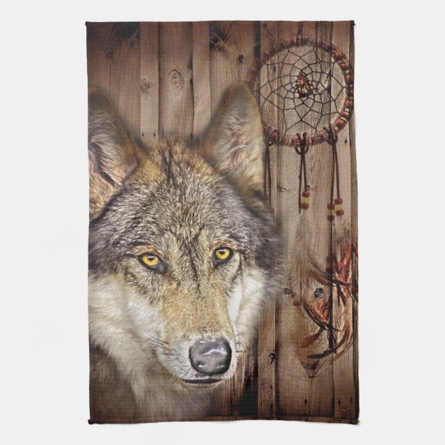 Western dream catcher  native american indian wolf tea towel (Vertical)