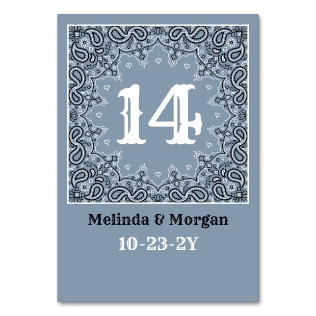 Western Dusty Blue Bandanna Personalised Wedding Table Number (Front)