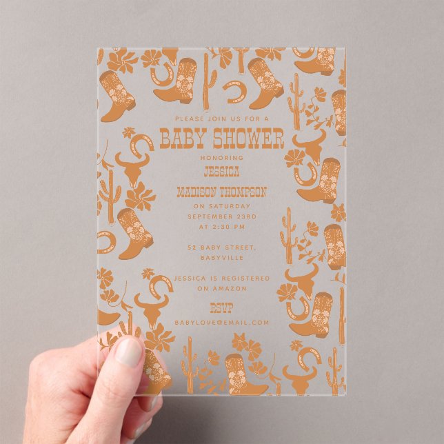 Western Earth Tone Country Boots Baby Shower Acrylic Invitations (Insitu (Handheld))