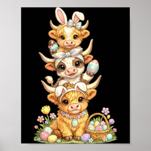 Western Easter Highland Cow Cute Bunny Cow Eggs Poster