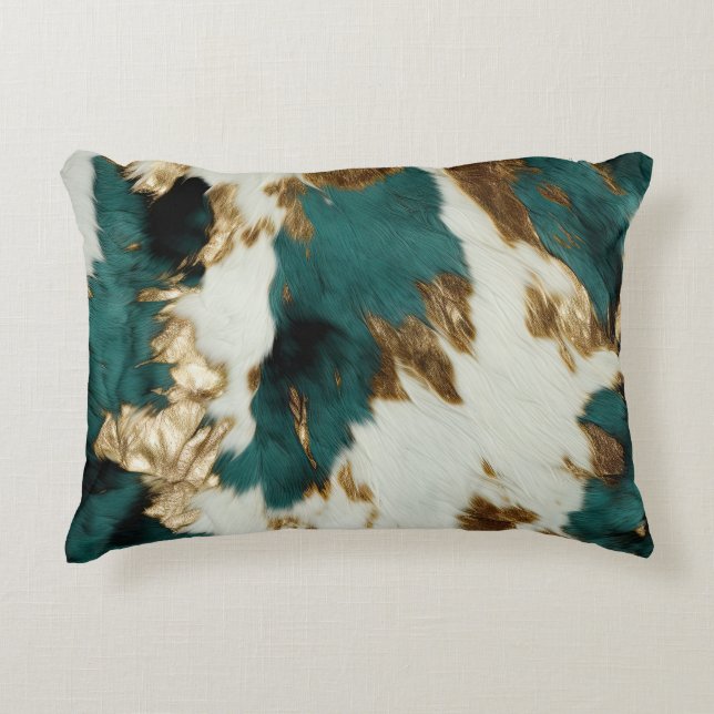 Western Emerald Gold White Cowhide  Decorative Cushion (Front)