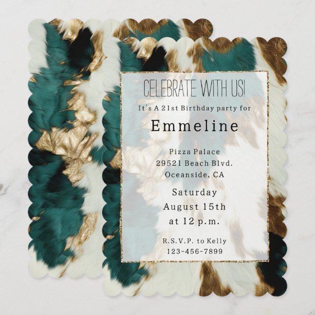 Western Emerald Gold White Cowhide  Invitation (Front/Back)