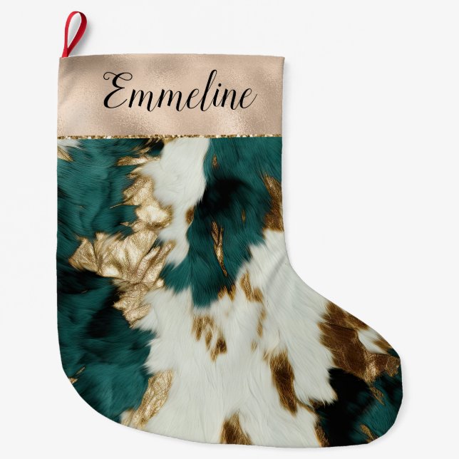 Western Emerald Gold White Cowhide Large Christmas Stocking (Front)