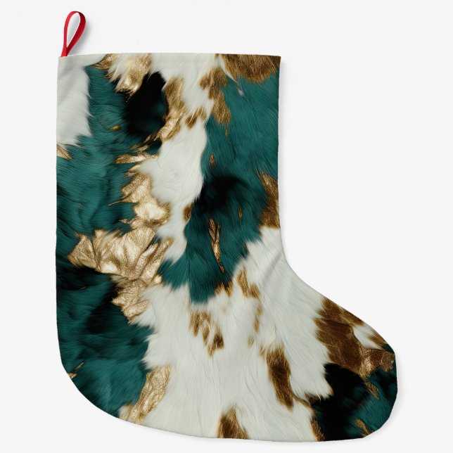 Western Emerald Gold White Cowhide  Large Christmas Stocking (Front)