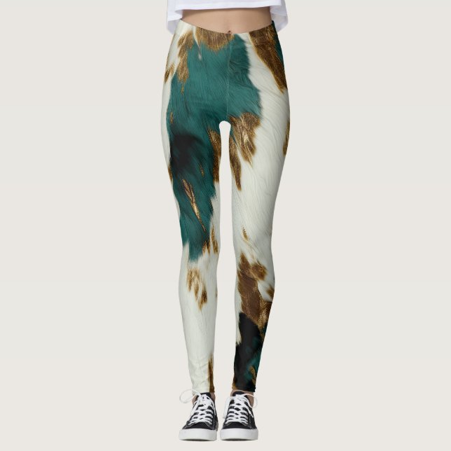 Western Emerald Gold White Cowhide  Leggings (Front)