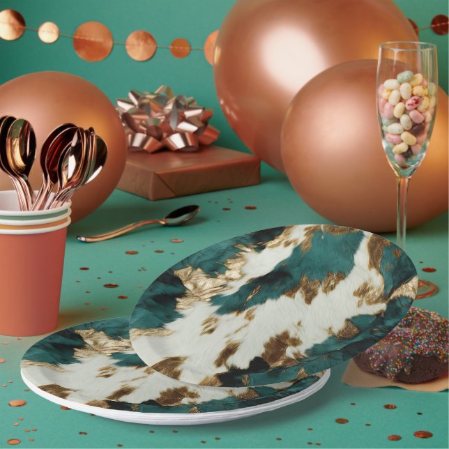Western Emerald Gold White Cowhide  Paper Plate (Multi)