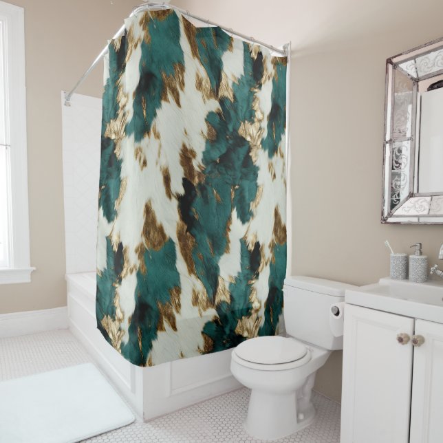 Western Emerald Gold White Cowhide  Shower Curtain (In Situ)