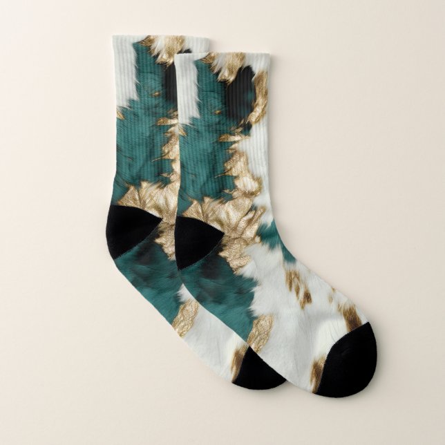 Western Emerald Gold White Cowhide  Socks (Pair)