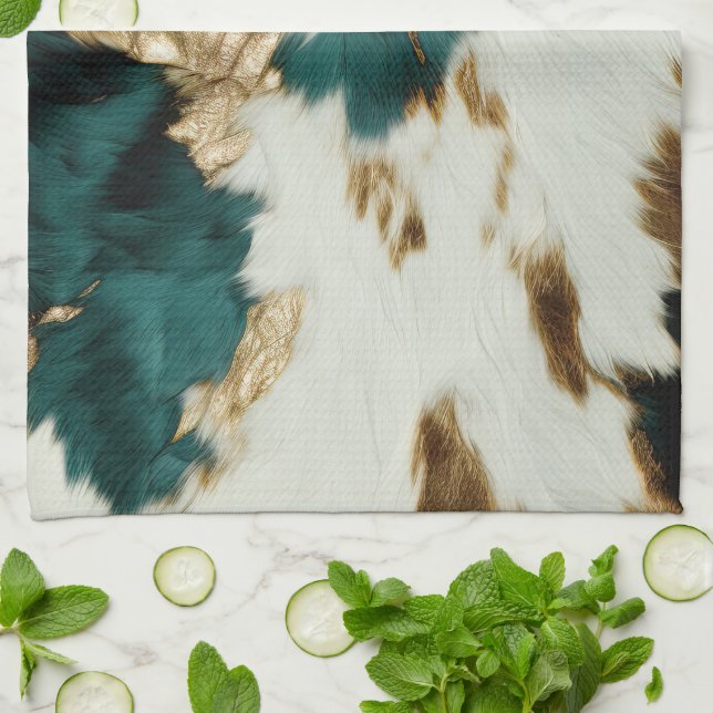 Western Emerald Gold White Cowhide  Tea Towel (Folded)
