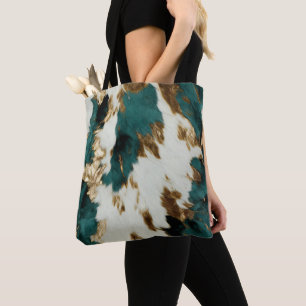 Western Emerald Gold White Cowhide  Tote Bag