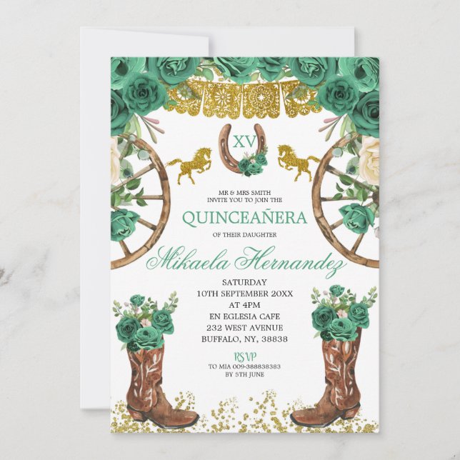 Western Emerald Green Charra Quinceanera Invitatio Invitation (Front)