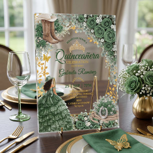 Western Emerald Green Roses Country Quinceañera Acrylic Invitations