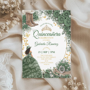 Western Emerald Green Roses Country Quinceañera Invitation