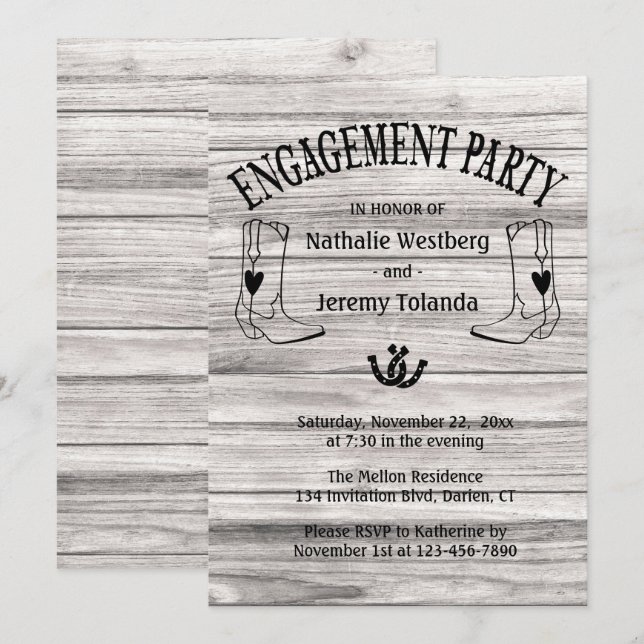 Western Engagement Party Wood Cowboy Boot Country Invitation (Front/Back)