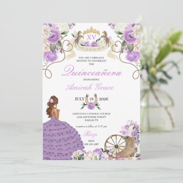 Western Fairytale Purple Cowgirl Quinceañera Invitation (Standing Front)