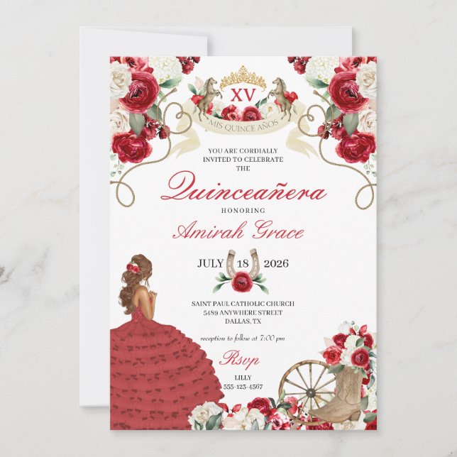 Western Fairytale Red Cowgirl Quinceañera Invitation (Front)