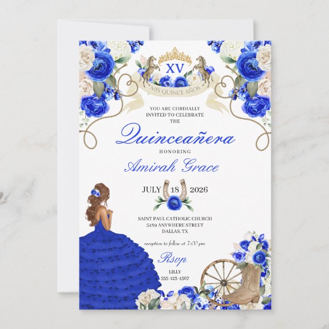 Western Fairytale Royal Blue Cowgirl Quinceañera Invitation (Front)