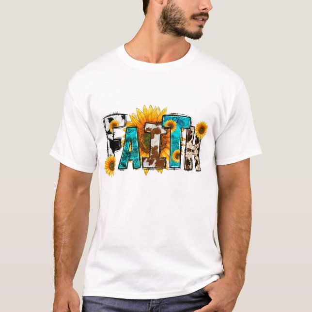 Western Faith Cow Farm Christian Sunflower Jesus L T-Shirt (Front)