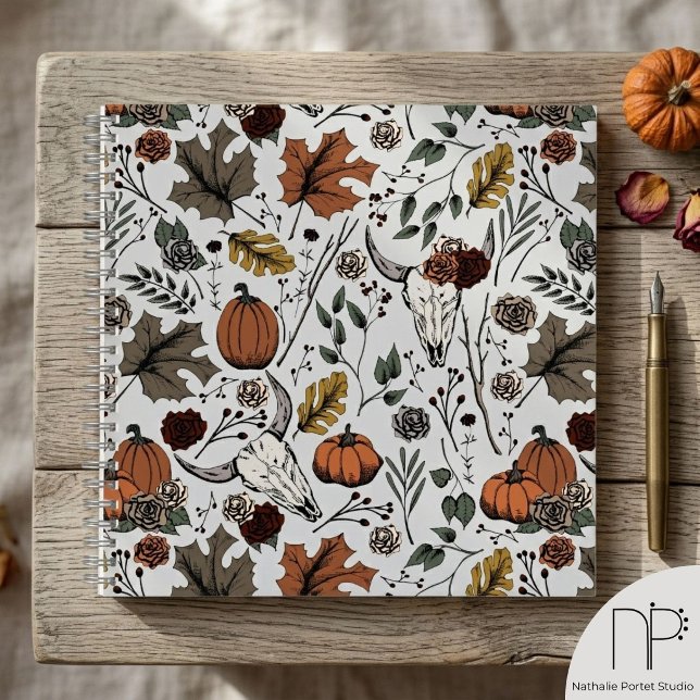 Western Fall Harvest Cow Skull Notebook (Hand drawn western fall harvest and cow skull ink art notebook with a chic noir aesthetic)