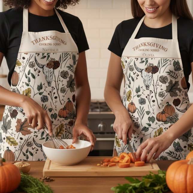 Western Fall Harvest Thanksgiving Cooking Squad Apron (Western Thanksgiving Cooking Squad Aprons. Floral Cow Skulls, Pumpkins, Fall Leaves, Autumn Pattern)