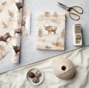 Western Farm Animal Highland Cow Birthday Wrapping Paper