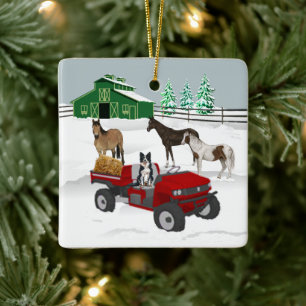 Western Farm Horse Ranch Red ATV Dog and Barn Ceramic Ornament