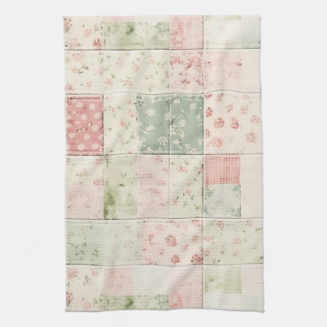 Western Farm Mint Pink Floral Quilt Patterns Tea Towel (Vertical)