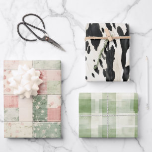Western Farm Mint Pink Floral Quilt Patterns Wrapping Paper Sheet